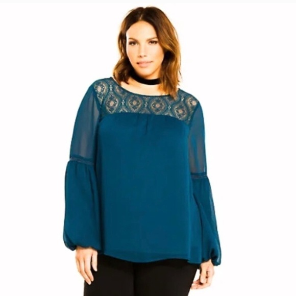torrid CHIFFON LACE INSET BELL SLEEVE TOP TEAL SIZE 2 - Picture 1 of 6